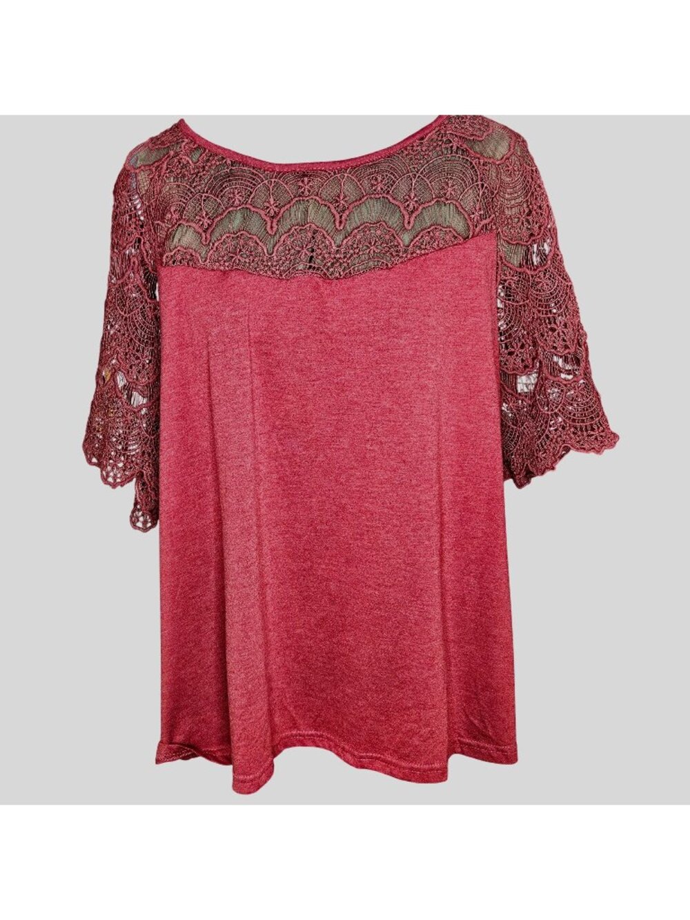 Woman's open knit cottagecore crochet lace trim accent raspberry pink XL top